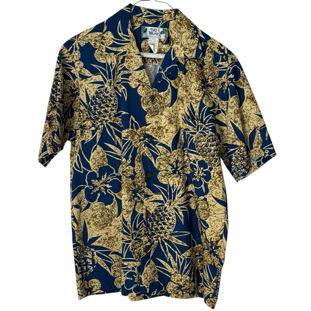 Two Palms Hawaiian S/S Button Up Blue Gold Tropical Pattern Cotton Men's Small